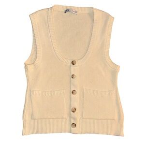 Zara Knit Vest Cream Button Front Sleeveless Sweater Preppy Minimal Size Small